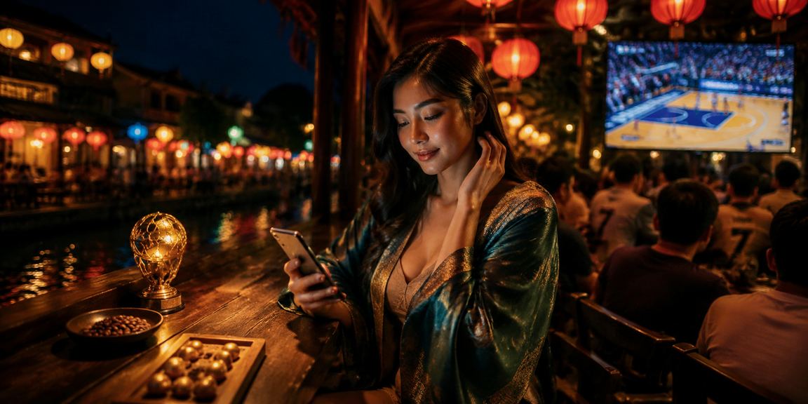 Người dùng Hội An xem phân tích trận đấu bóng rổ tại quán cà phê ven sông